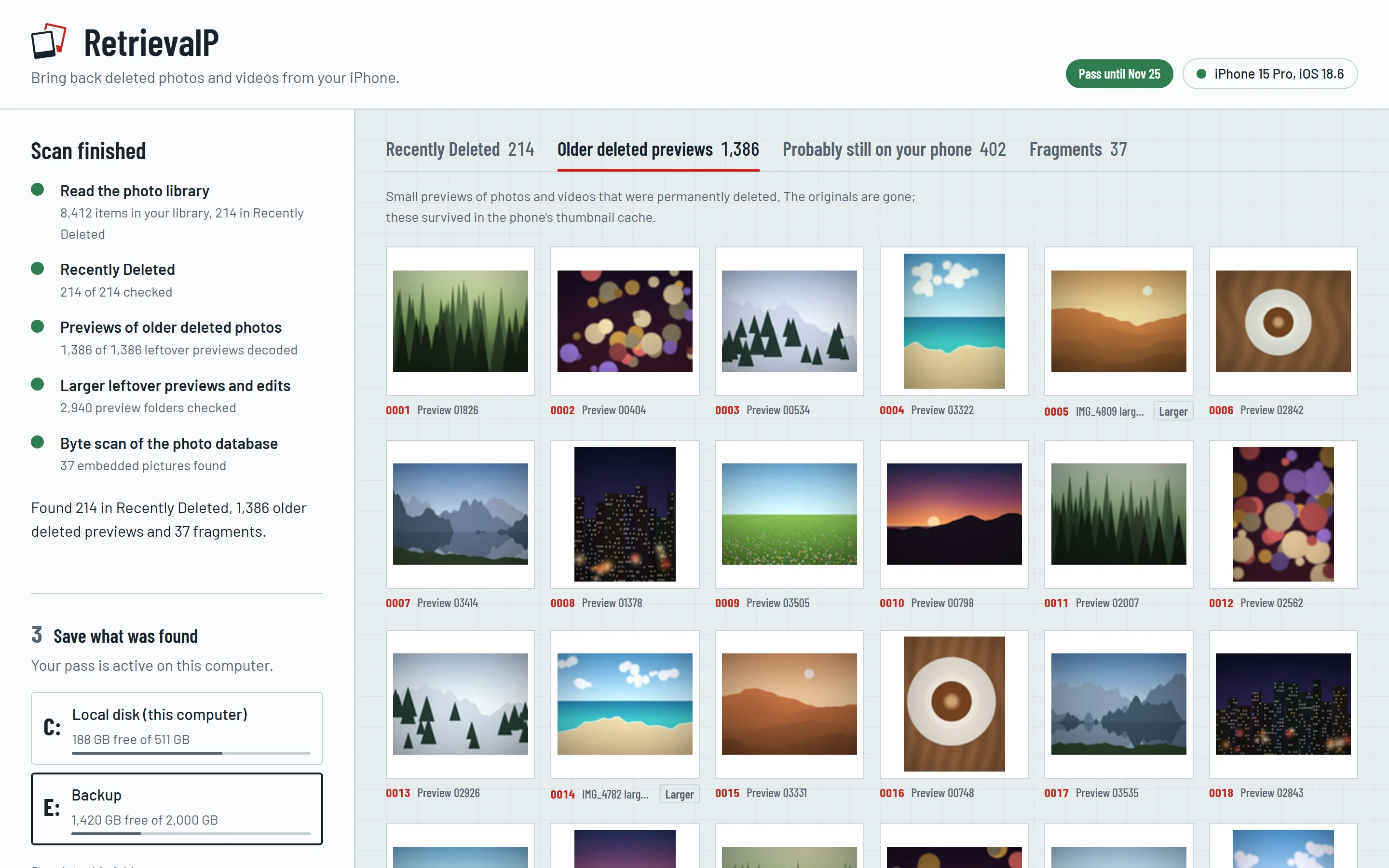The Older deleted previews tab, showing a grid of small rebuilt previews of permanently deleted photos.
